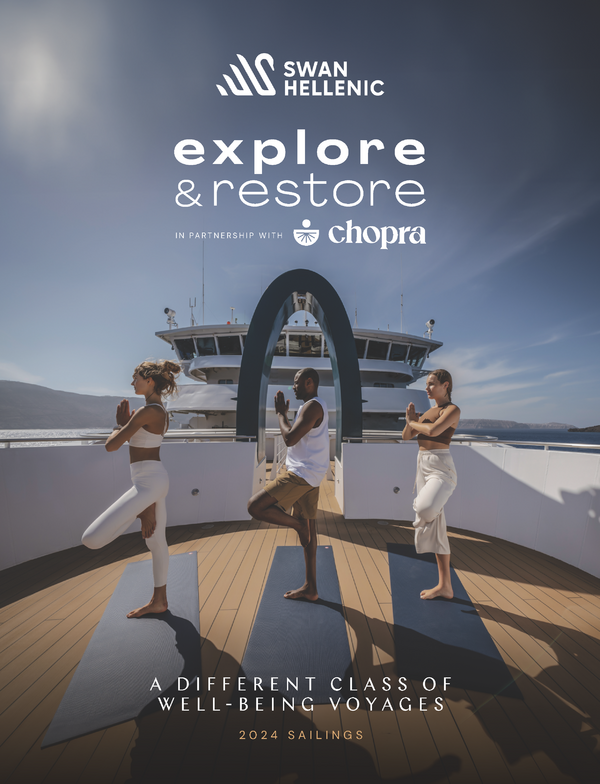 The cover of Explore & Restore 2024 catalog for Swan Hellenic cultural expedition cruises, depicting a gorilla