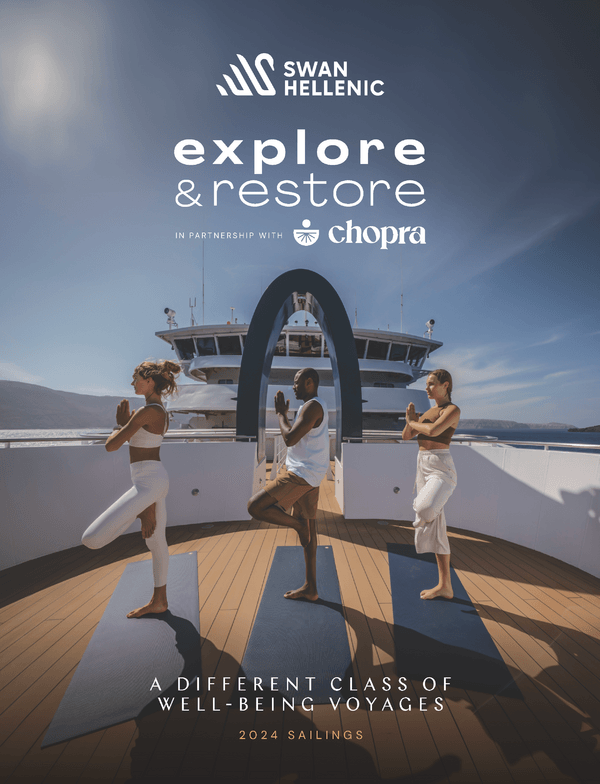 The cover of Explore & Restore 2024 catalog for Swan Hellenic cultural expedition cruises, depicting a gorilla