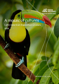 The cover of Latin America 2024 catalog for Swan Hellenic cultural expedition cruises, depicting a toucan