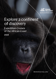 The cover of Africa 2024 catalog for Swan Hellenic cultural expedition cruises, depicting a gorilla