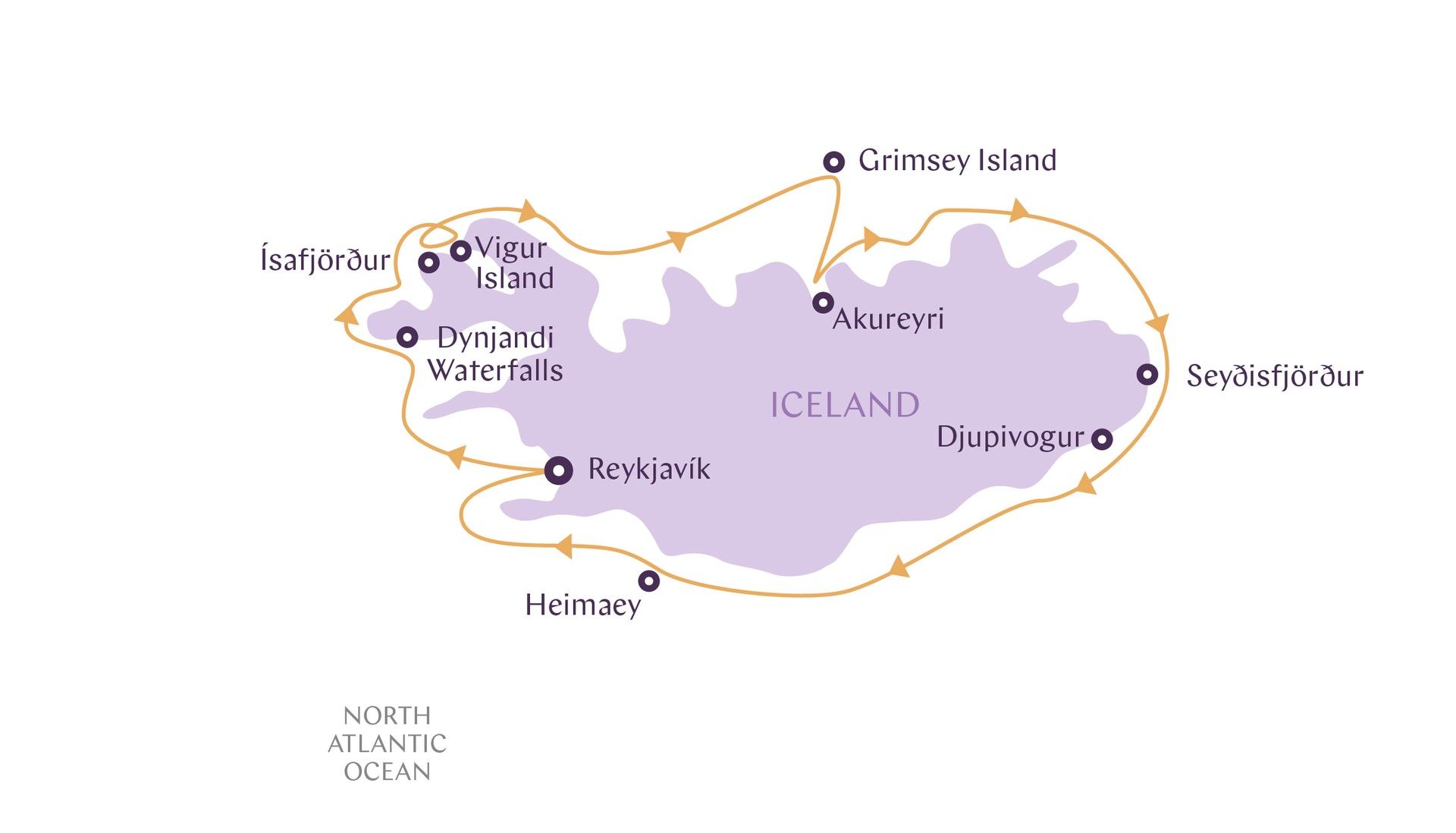 a map of iceland with orange lines