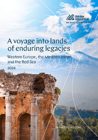 The cover of Western Europe, Mediterranean and the Red Sea 2024 catalog for Swan Hellenic cultural expedition cruises, depicting ancient ruins on a sunny clear blue sky